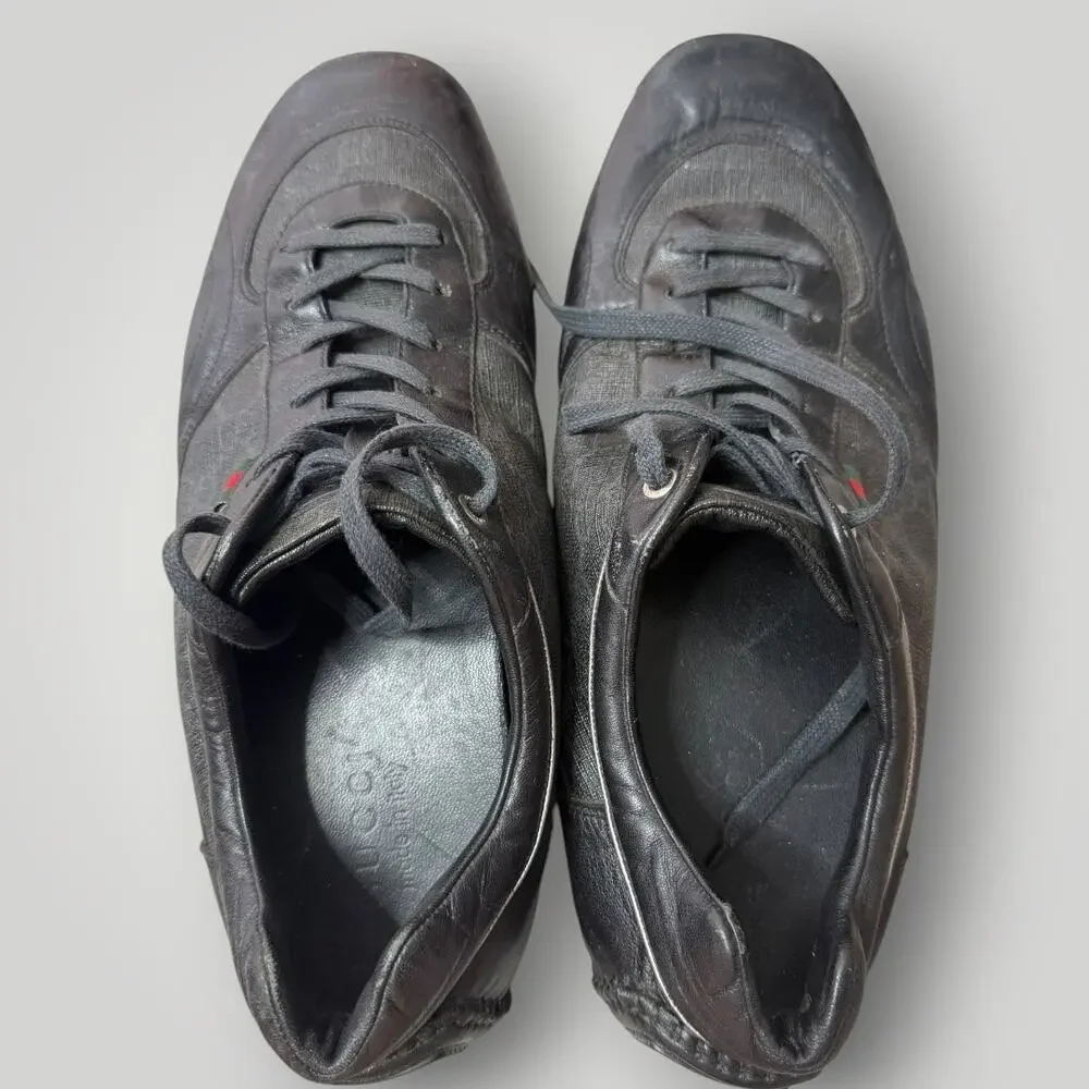 Gucci Black Leather & GG Canvas Low Top Sneakers Shoes Men’s Size 9.5
